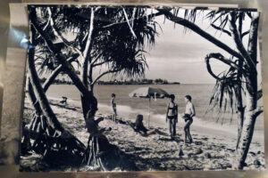 Black and white photo of 'palm-fringed beach' postcard